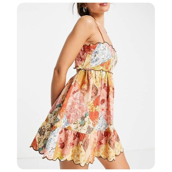 ASOS Design Scalloped Edge Cut-Out Back Spaghetti Strap Mixed Floral Patchwork - Picture 1 of 8